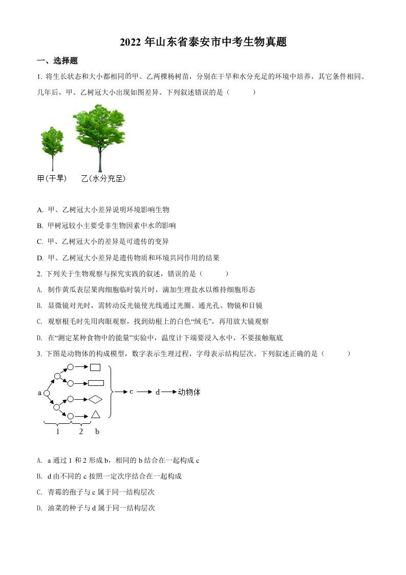 2022年山东省泰安市中考生物真题（空白卷）_共10页