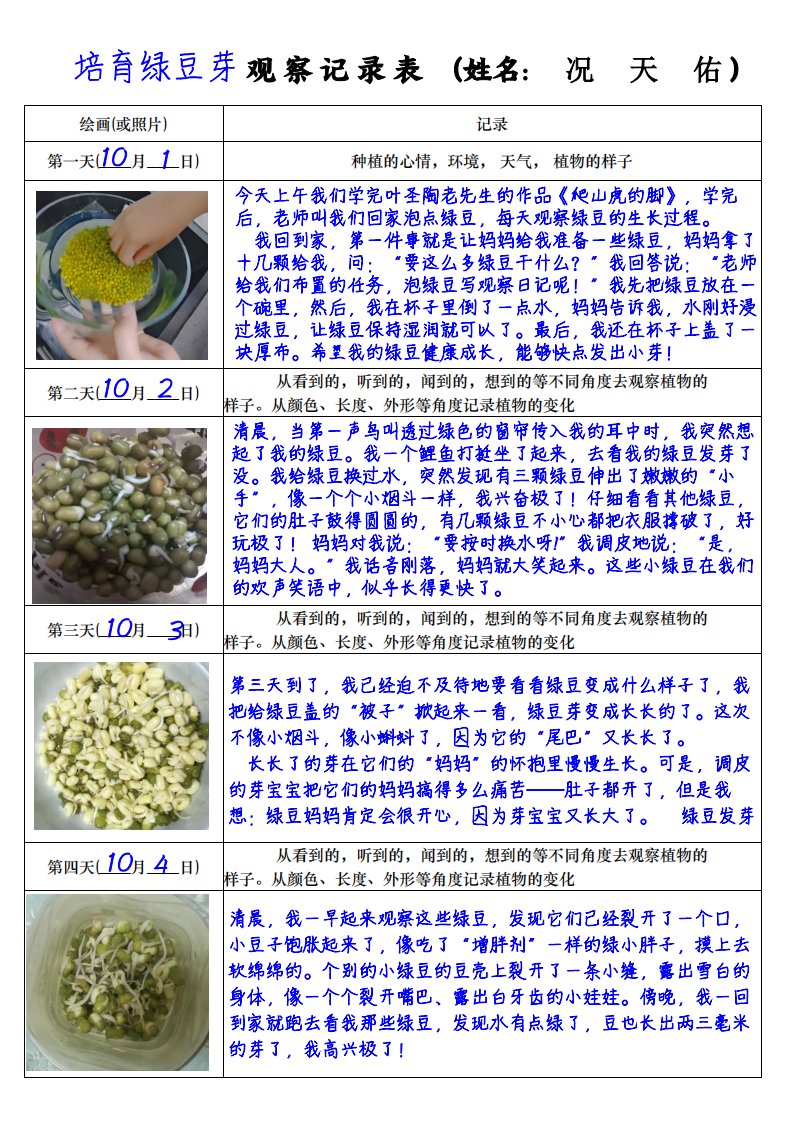 四上语文习作三：培育绿豆芽观察日记2《写观察日记》4页_共4页