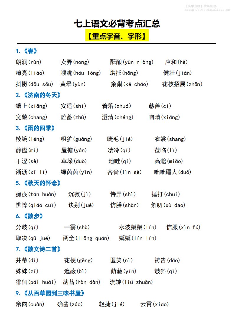 七上语文必背考点汇总_共25页