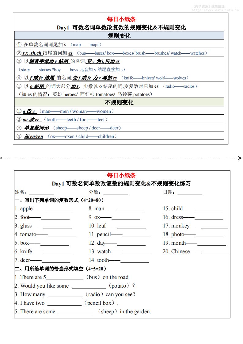 七年级上英语词语变化练习34天_共67页