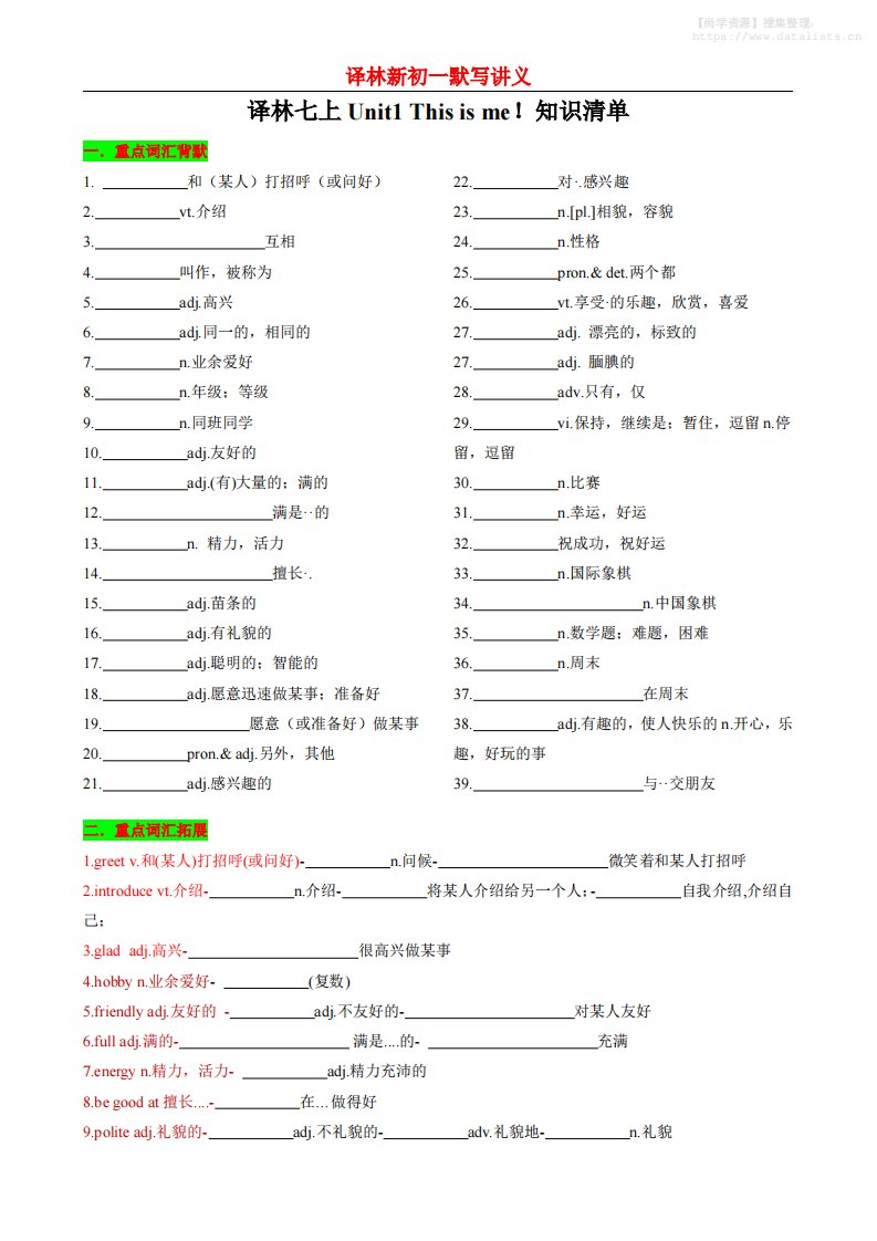 七年级上英语Unit1知识清单背默_共23页