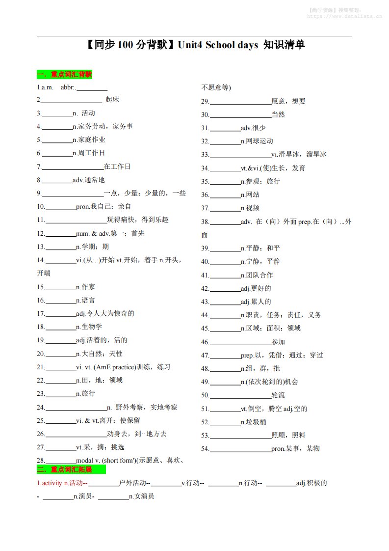 七年级上英语Unit4知识清单背默_共21页