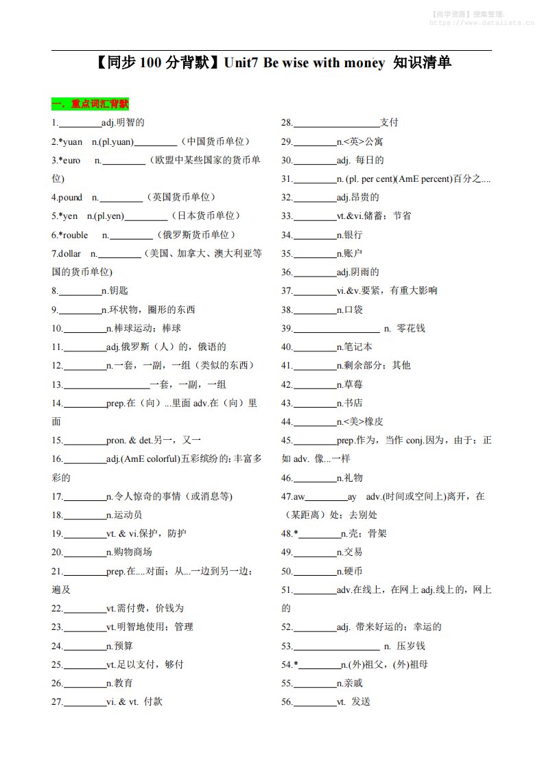 七年级上英语Unit7知识清单背默_共22页