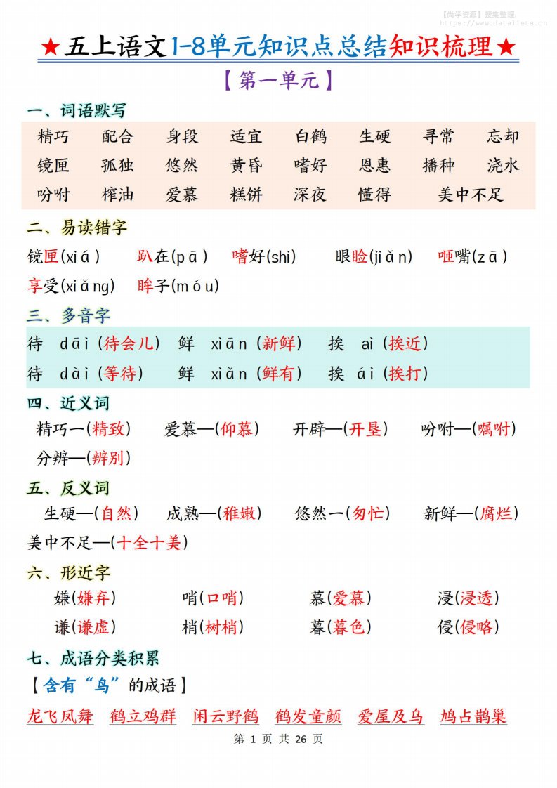 五上语文1-8单元知识点总结知识梳理26页_共26页