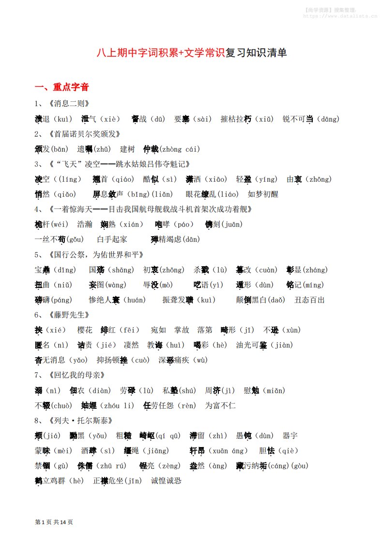 八年级上语文字词积累、文学常识知识清单_共14页