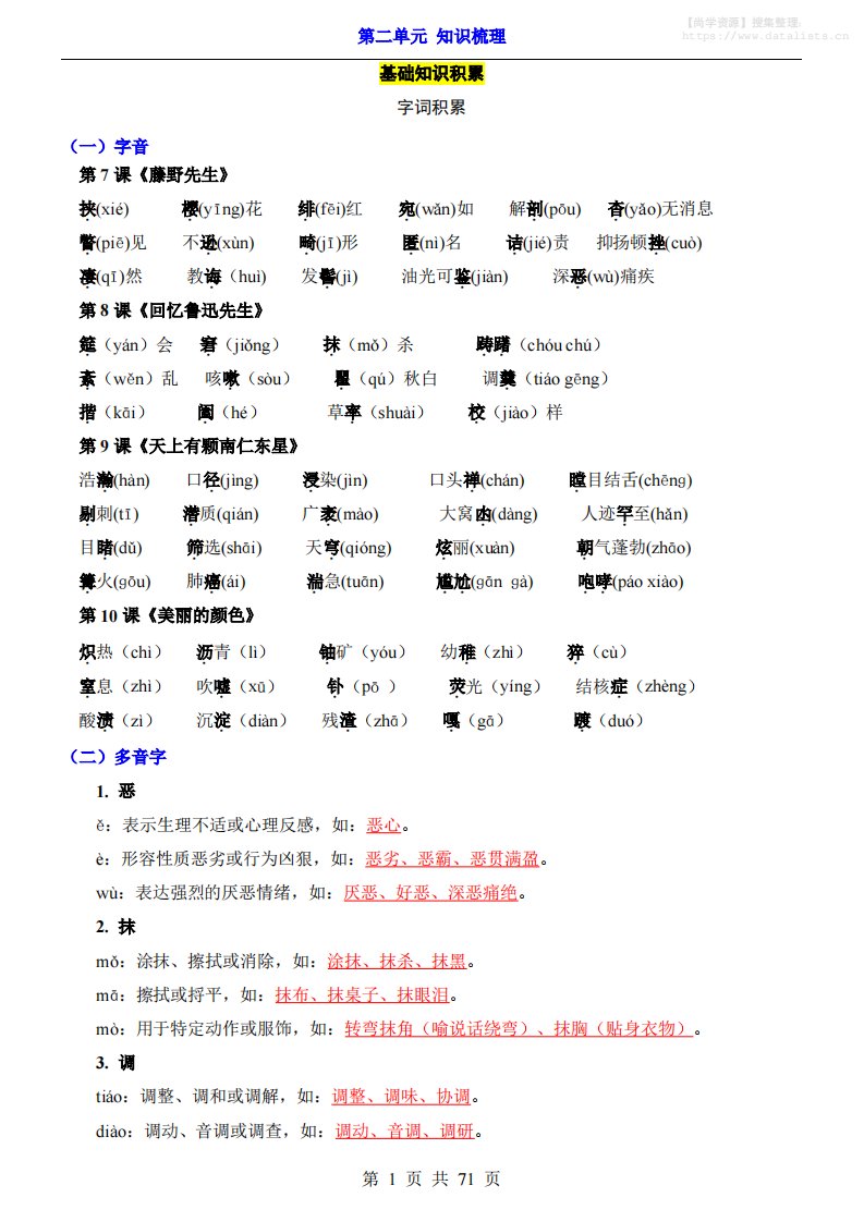 八年级上语文第2单元（知识梳理）-知识点_共71页