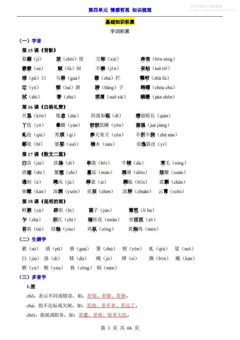 八年级上语文第4单元（知识梳理）-知识点_共66页
