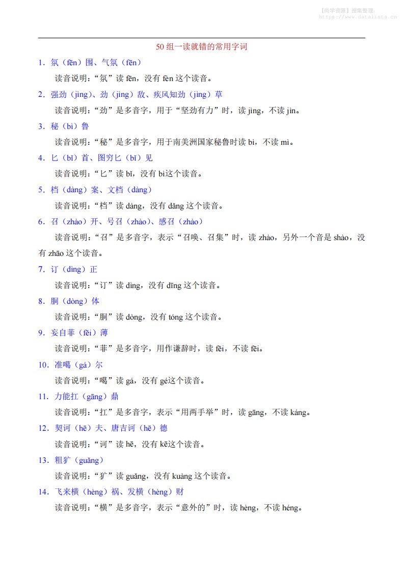 八年级上语文50组一读就错的常用字词_共4页