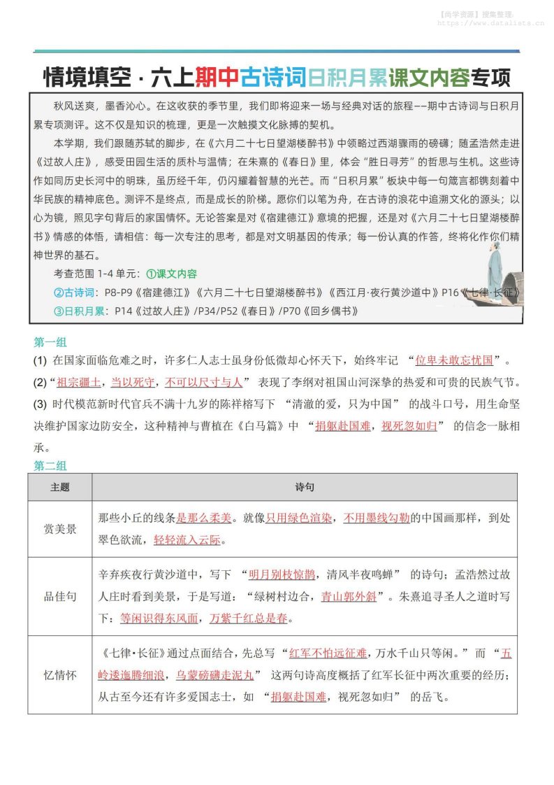 六上语文【期中情境填空·情境默写古诗词日积月累专项（答案版8页）】_共8页