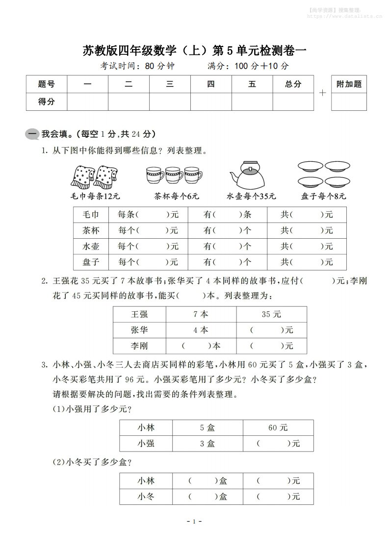 四年级上数学第五单元检测卷2《苏教版》_共5页