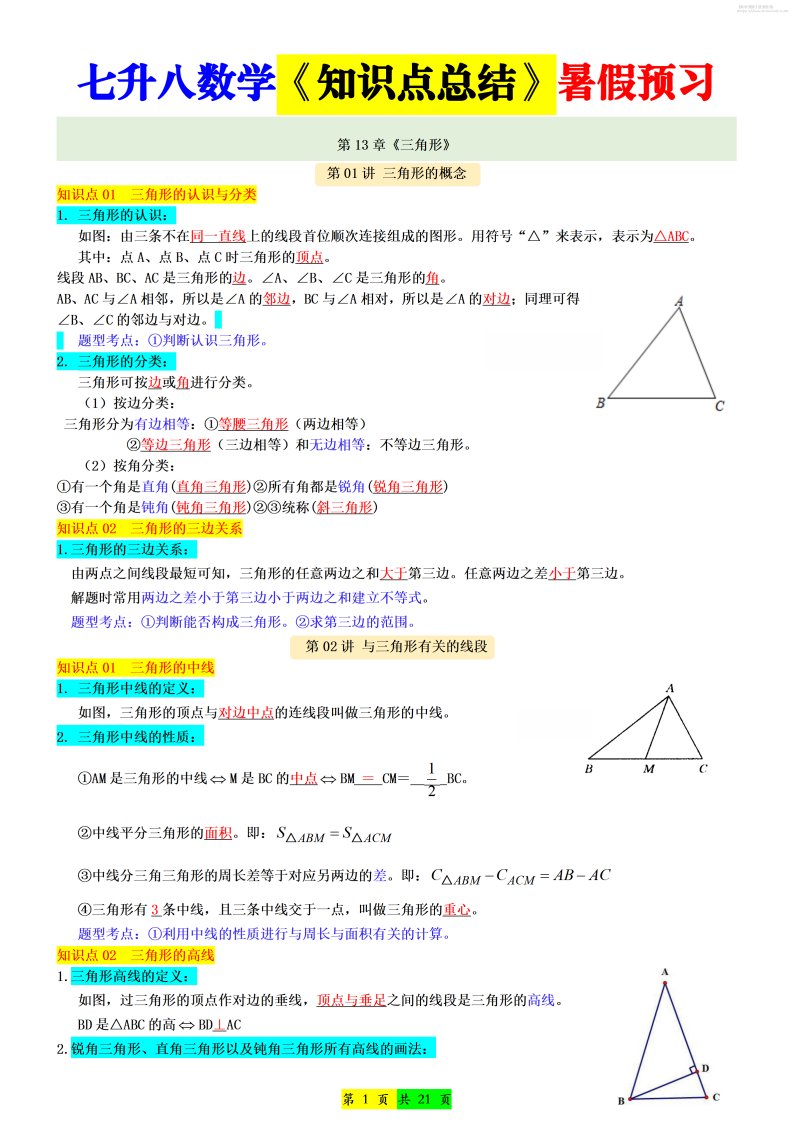 新八年级上数学七升八知识点总结（人教版）_共21页