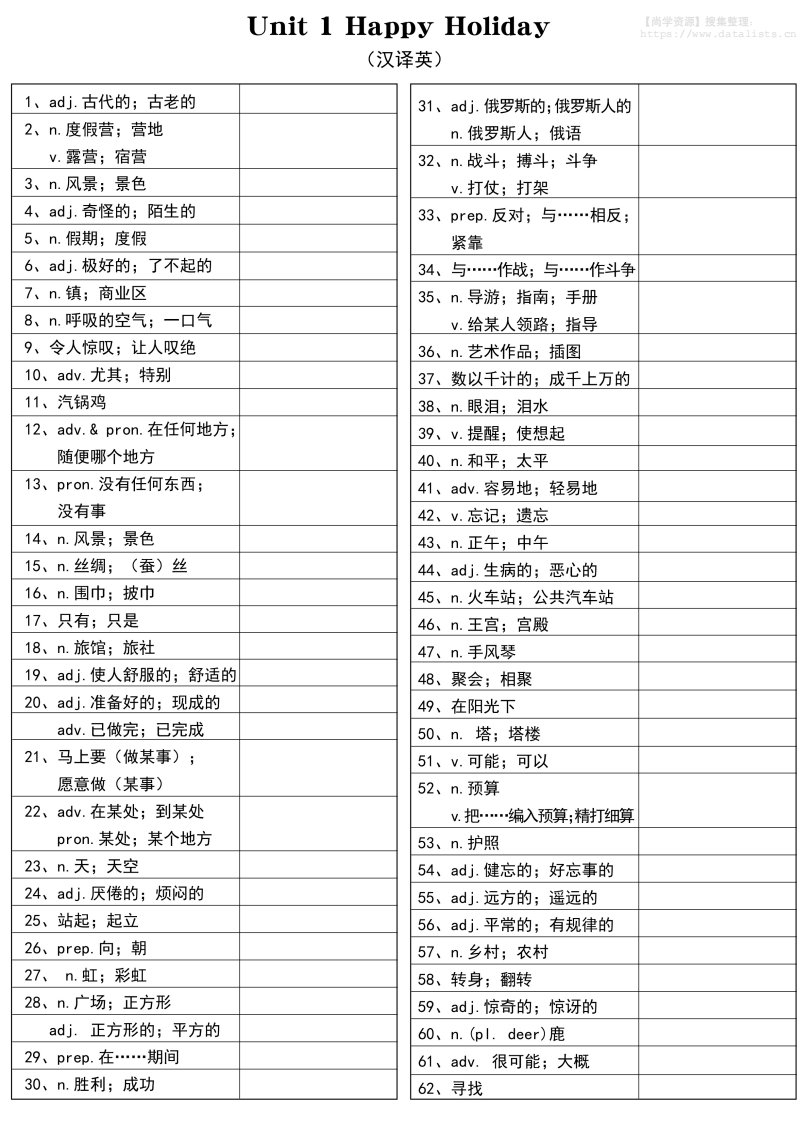 新八年级上英语单词汉译英（人教版）_共8页