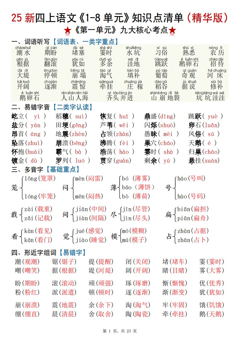 25新四上语文1-8单元知识点清单（精华版）九大核心考点23页_共23页