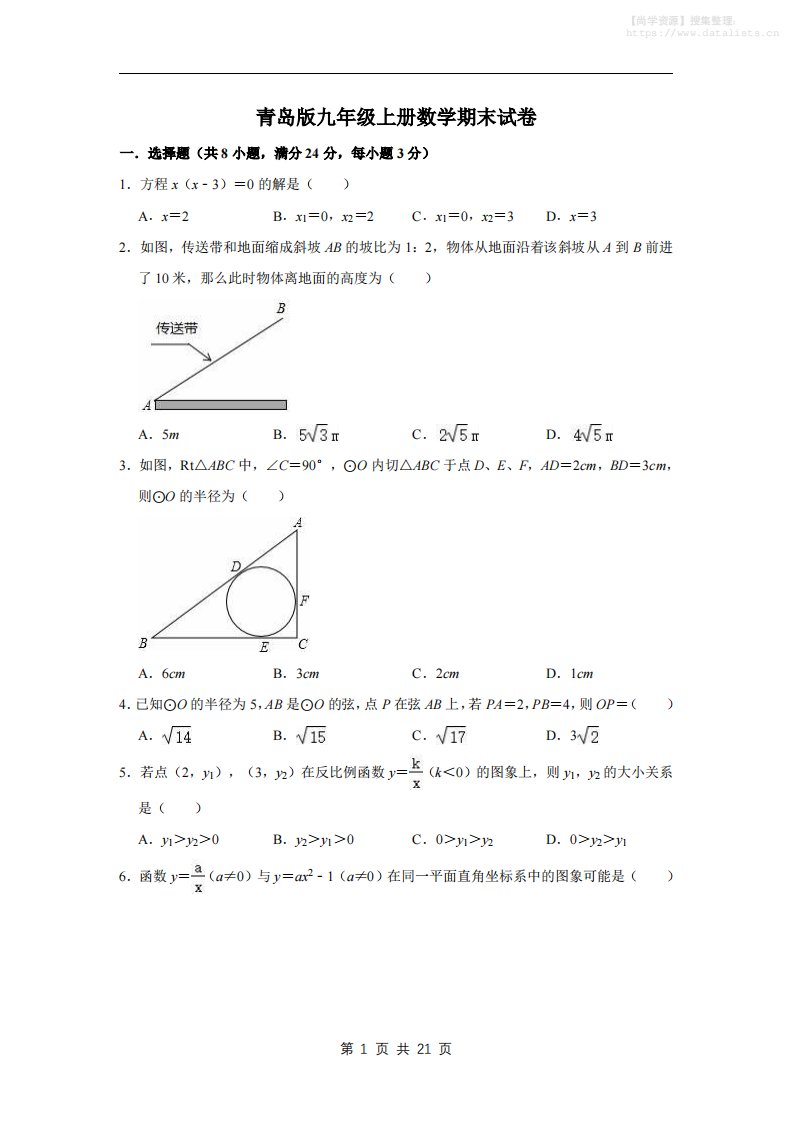 九年级上数学期末试卷（青岛版）_共21页