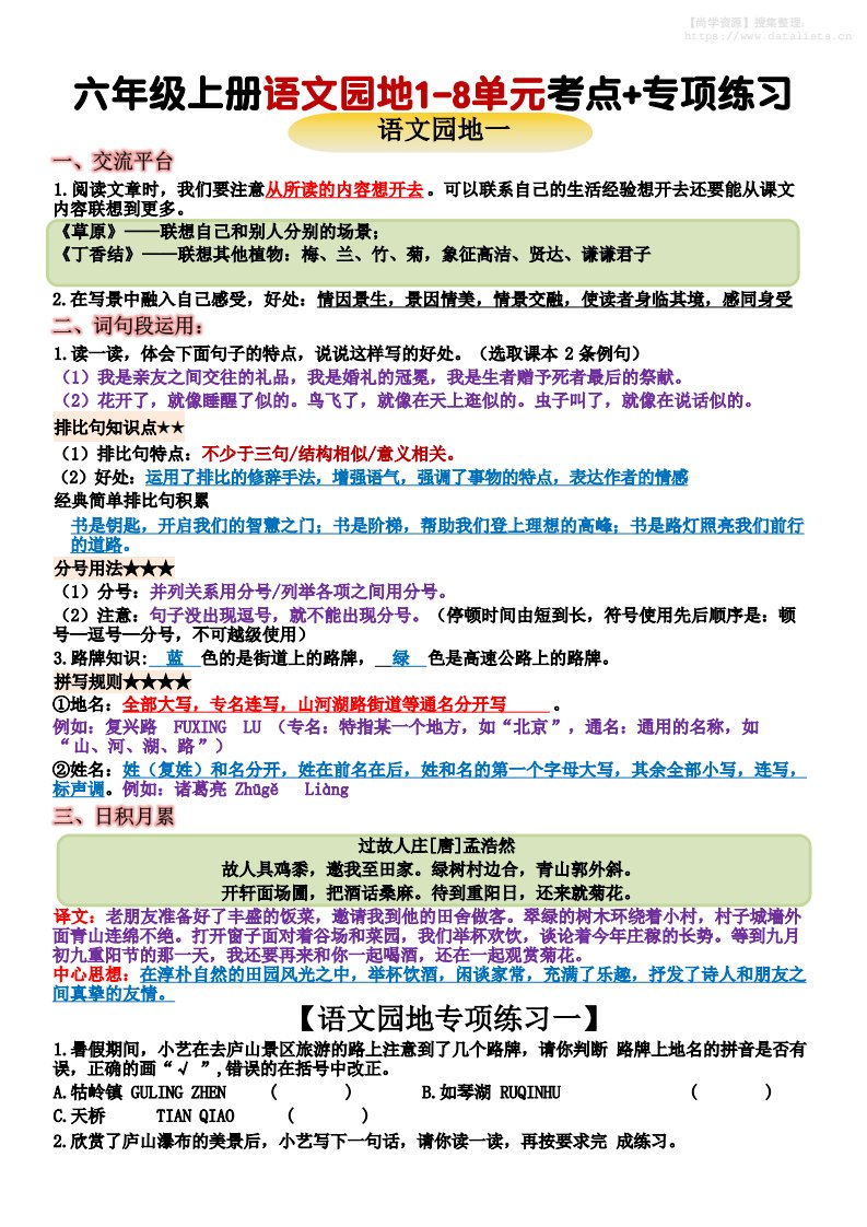 六上语文+语文园地重点归纳(15页_共15页