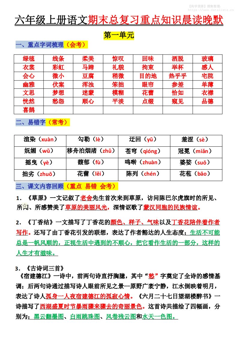 六上语文复习重点晨读单(16页)_共16页
